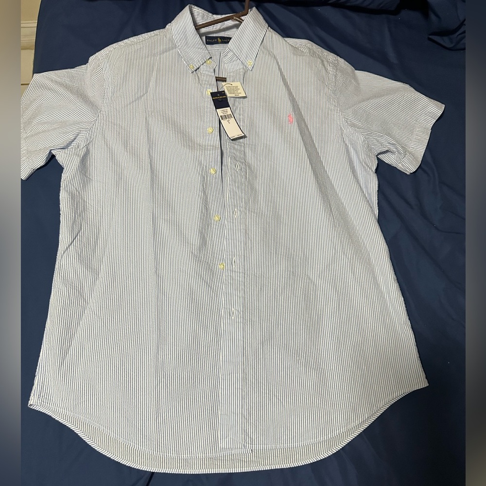 Blue stripe polo with pink horse L